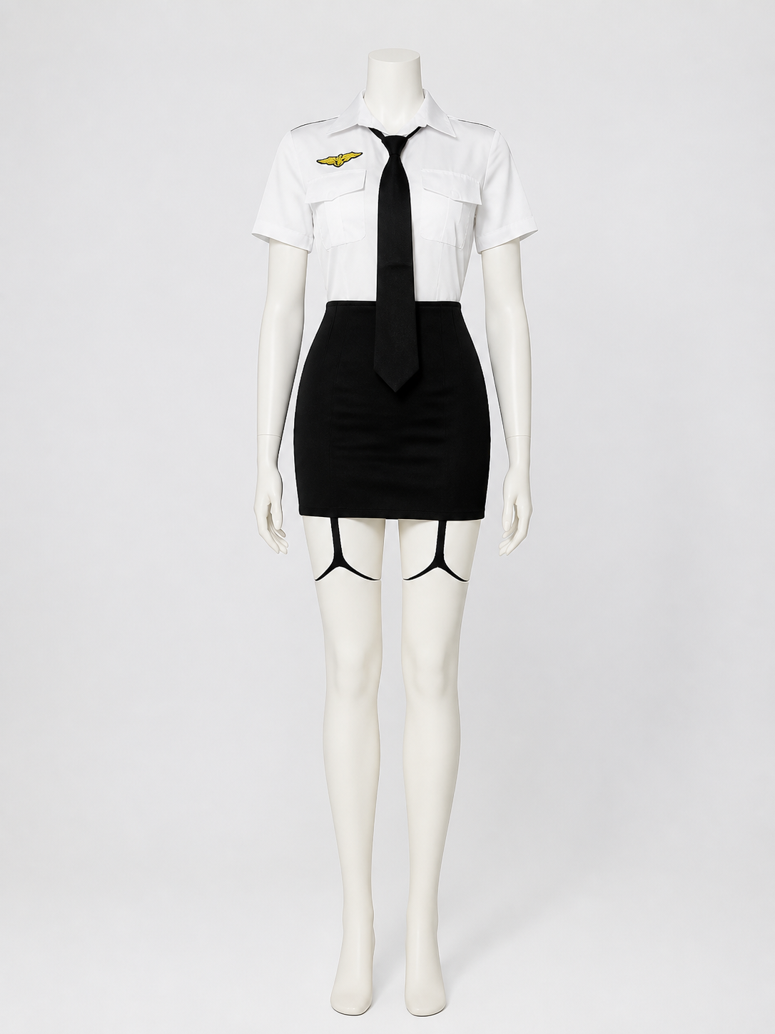 Women's Sexy Police Costume Set - White Uniform Top with Gold Badge, Black Skirt Costumes detail 2
