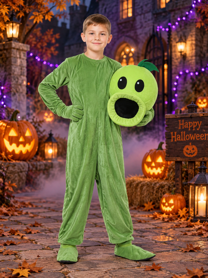 Kids' green carnival costume with headpiece