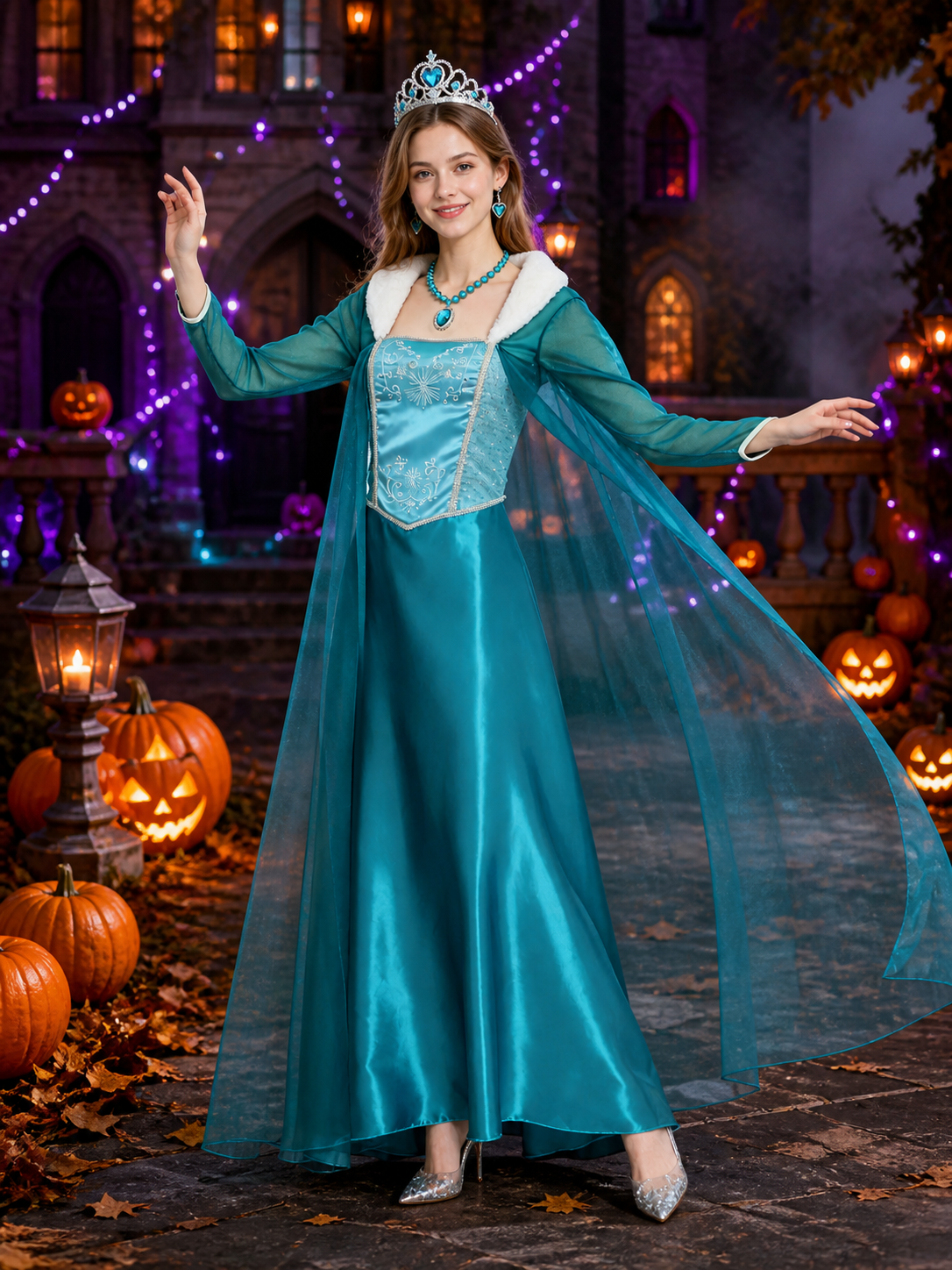Women's Ice Princess Costume Dress with Cape, Jeweled Snowflake Details on-model Halloween scene view