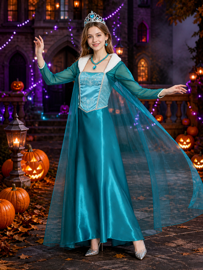 Women's Ice Princess Costume Dress with Cape, Jeweled Snowflake Details on-model Halloween scene view