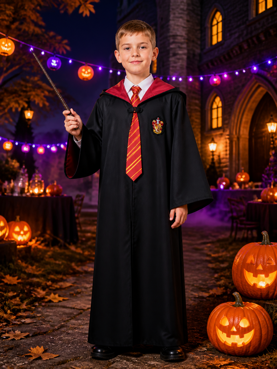 Kids Wizard Costume Set, Hooded Long Black Robe with Red and Gold Striped Tie Costumes detail 2