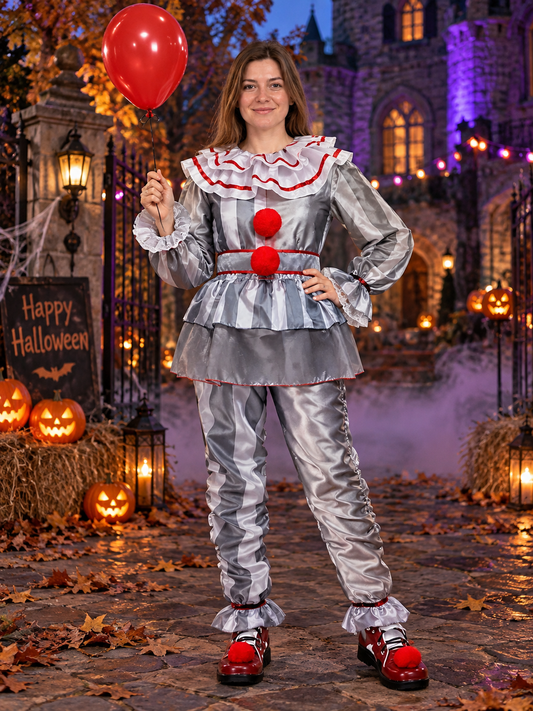 Striped Clown Costume with Peplum, Ruffles, and Pom-Poms