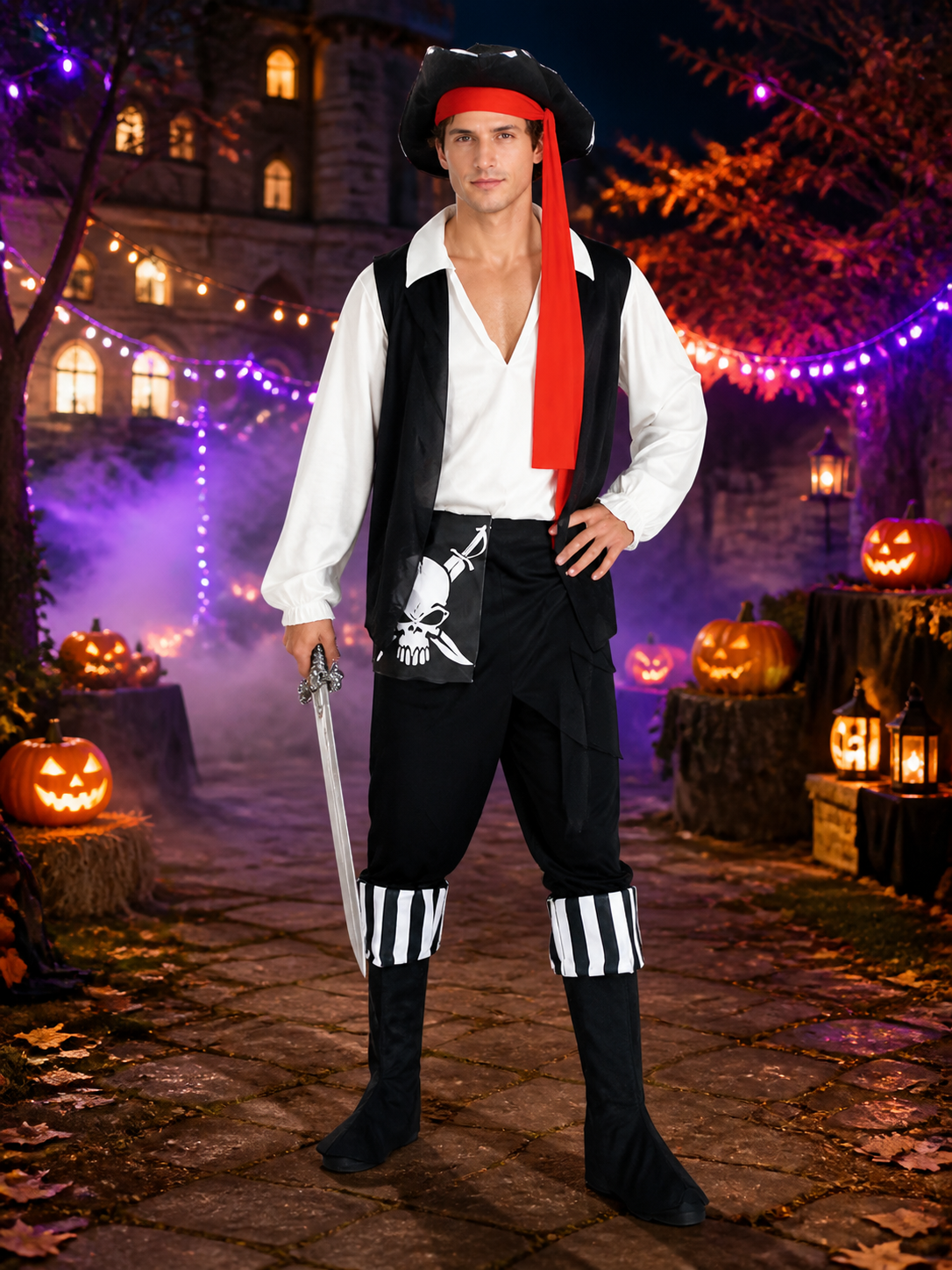 Pirate Costume with Tricorn Hat and Prop Sword for Cosplay