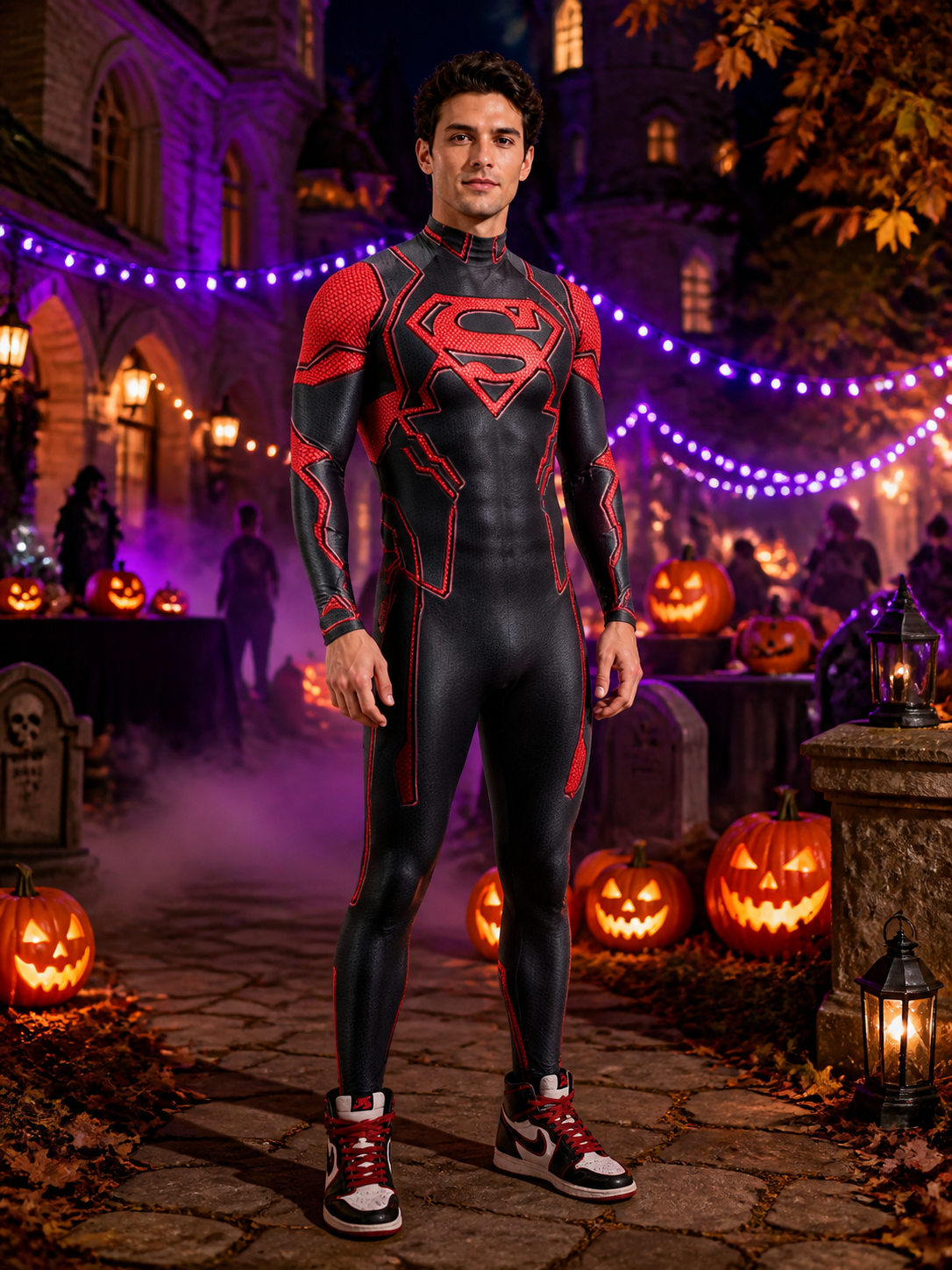 Superboy Costume Bodysuit, Black Red Pattern with S Logo Costumes detail 2