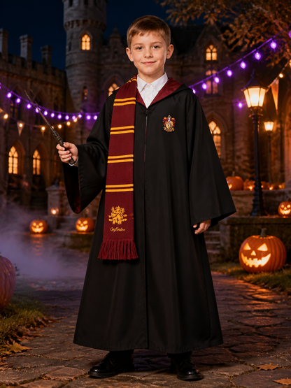 Lion Crest Wizard Robe Costume Set, Hooded Cloak With Scarf, Shirt And Wand Costume Capes detail 2