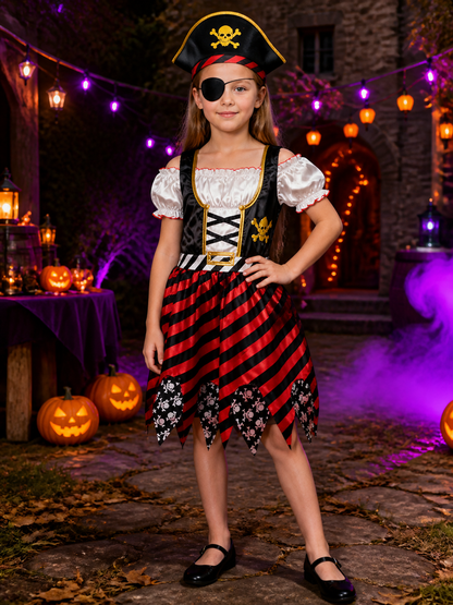Kids Pirate Costume Dress Set with Hat & Eye Patch - Striped Skull Halloween Costume Dresses detail 2
