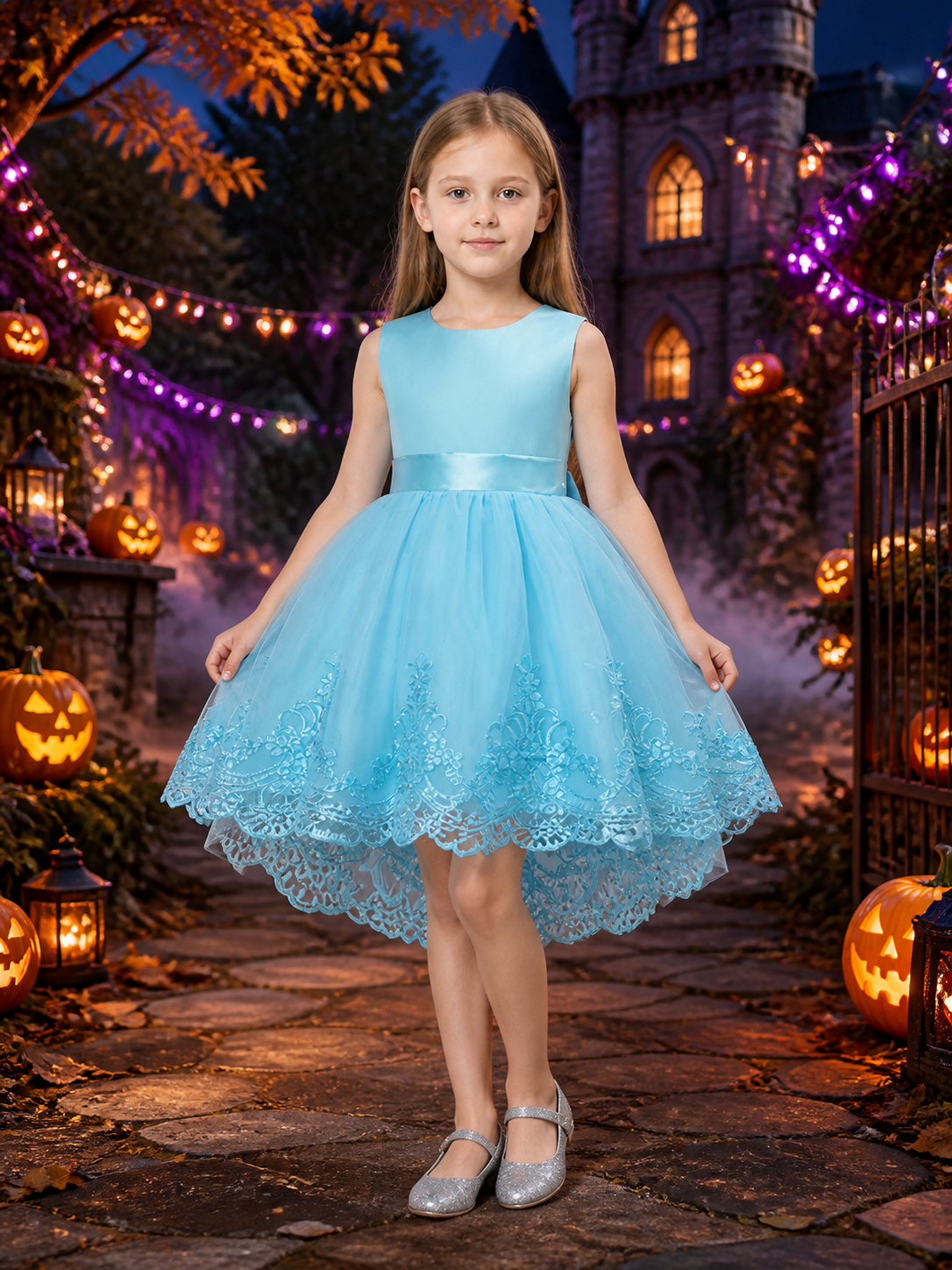 Girls' Princess Dress, Sleeveless Tulle Dress With Lace Trim, Sky Blue Costume Dresses detail 2