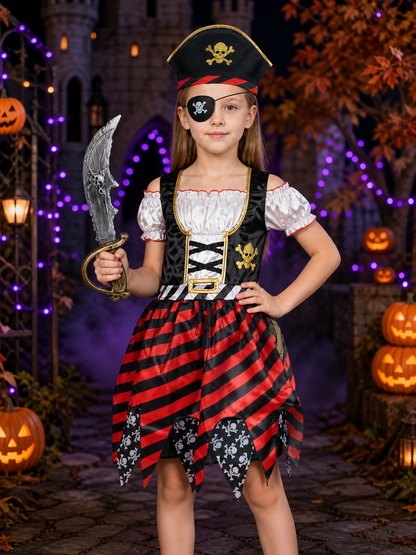 Kids Pirate Costume Dress Set with Hat, Eyepatch & Toy Sword for Halloween Role Costume Dresses detail 2