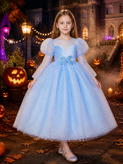 Girls' Light Blue Princess Dress With Puff Sleeves, Layered Tulle Skirt and Costume Dresses detail 2