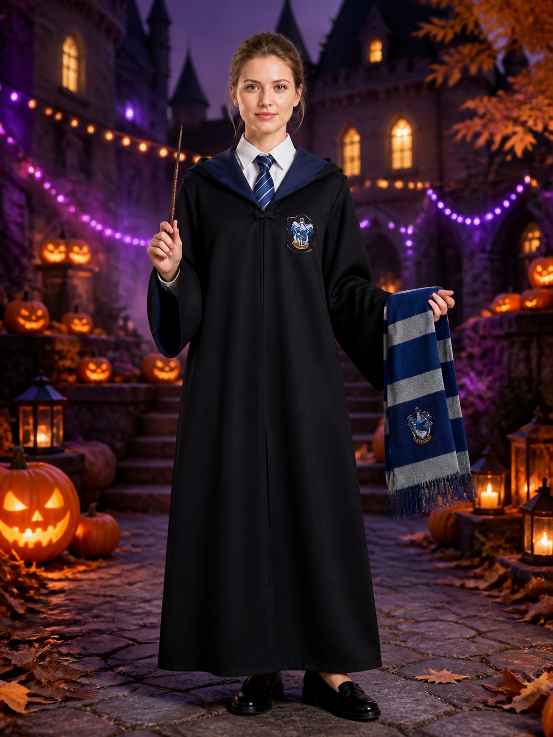 Ravenclaw-Themed Hooded Wizard Robe 3-Piece Costume Set with Tie and Scarf Costumes detail 2
