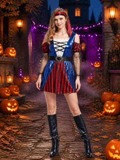 Women's Pirate Costume Set With Red Black Striped Dress, White Cross Straps Costume Dresses detail 2