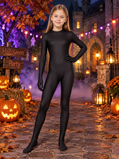 Black form-fitting jumpsuit with zipper and long sleeves
