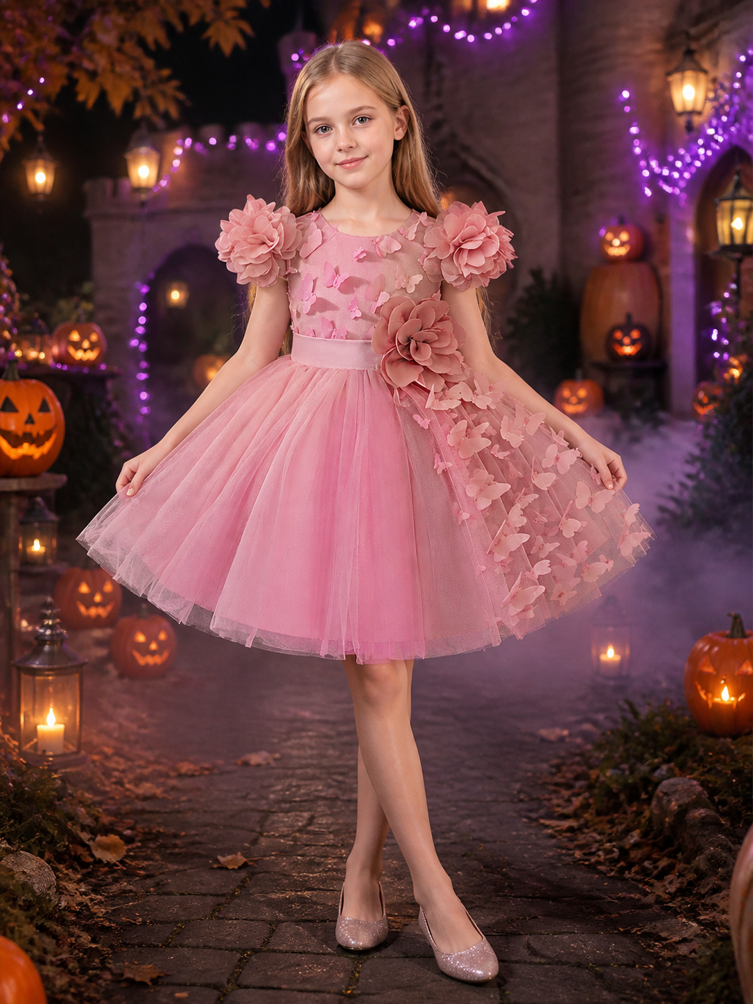 Toddler Girls' Pink Princess Dress, Sleeveless Tulle Party Dress With 3D Flowers Costume Dresses detail 2
