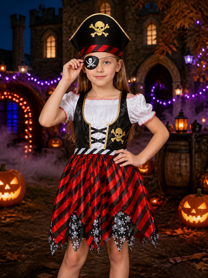 Girl's Caribbean Pirate Costume Set with Skull Print Striped Dress, Hat and Eye Costume Dresses detail 2