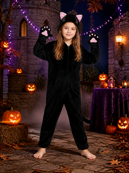 Girls Black Cat Hooded Jumpsuit Costume With Pink Paw Pads For Halloween Costumes detail 2