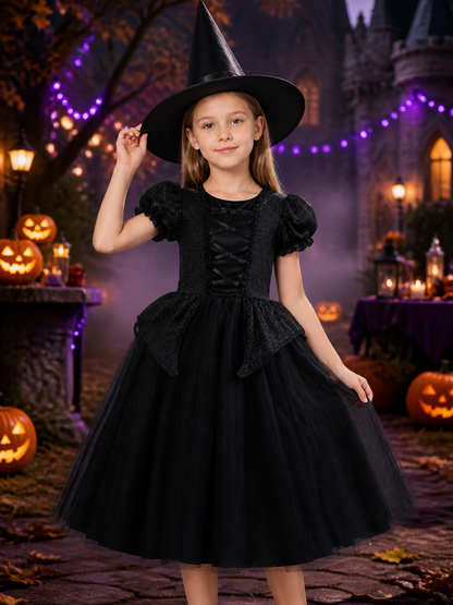 Kids' Witch Costume Dress Set with Hat, Black Puff-Sleeve Halloween Outfit Costume Dresses detail 2