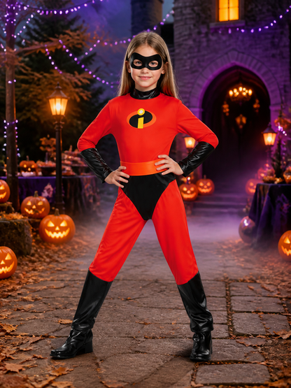 Kids Superhero Costume Bodysuit, Red with Orange Belt and Eye Mask, Halloween Costume Masks detail 2