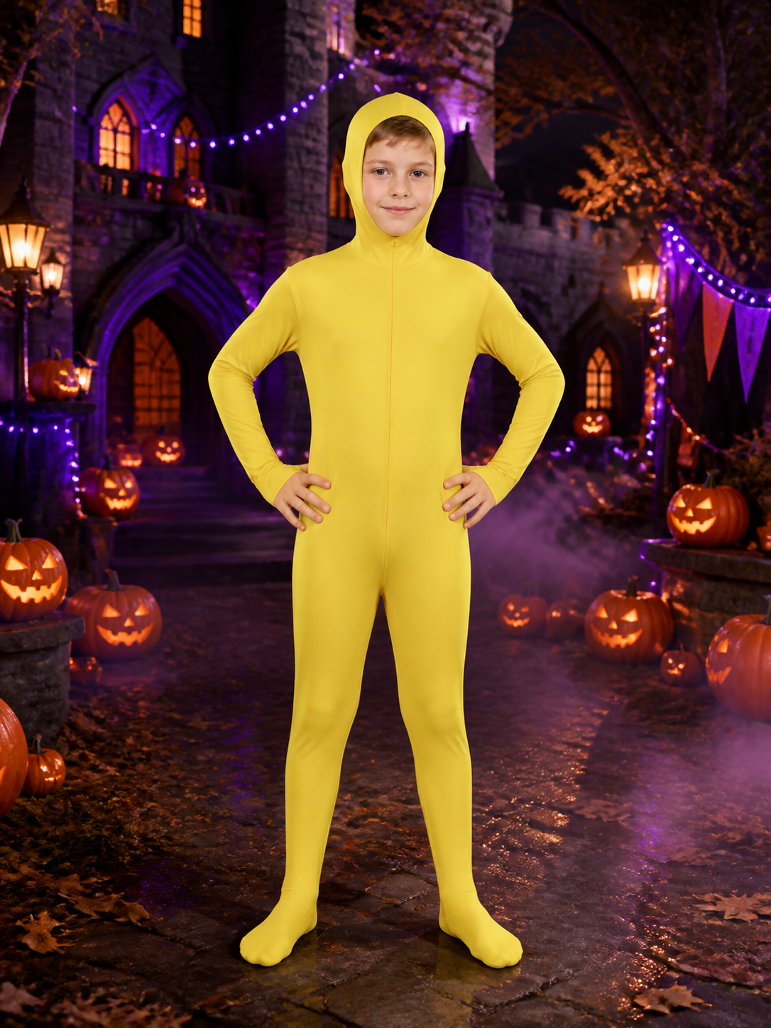 Yellow Hooded Full-Body Jumpsuit Costume With Attached Gloves And Feet Costumes detail 2
