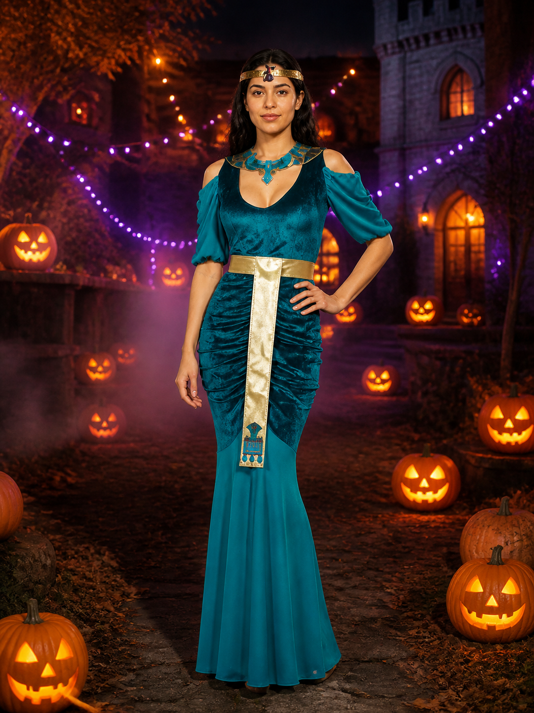 Cleopatra Cosplay Costume, Blue-Green Long Dress with Gold Egyptian Details Costume Dresses detail 2