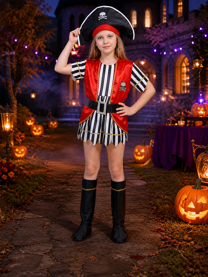 Kids Pirate Costume Set, Red Vest with Skull Print, Striped Jersey and Hat for Costume Headwear detail 2