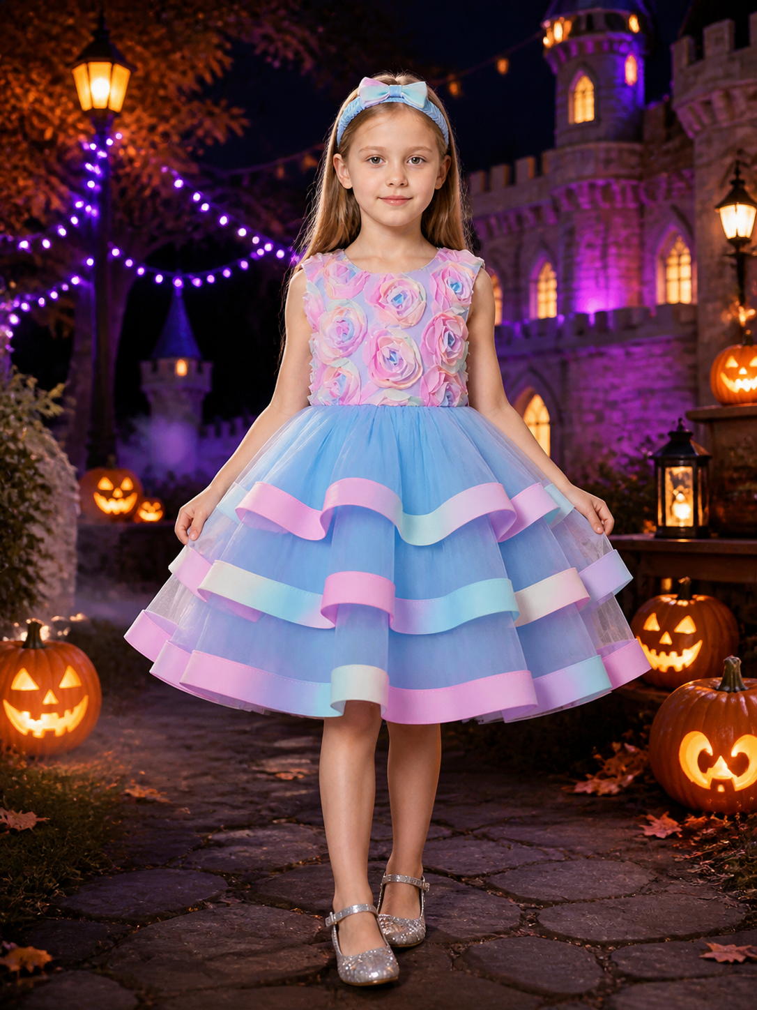Girls' Multicolor Princess Dress with Layered Cake Skirt and Rose Detail Costume Dresses detail 2