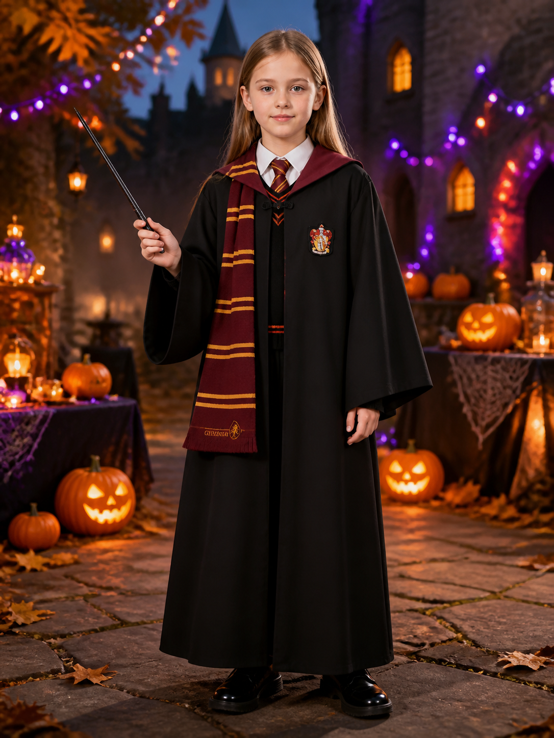 Kids' Burgundy and Black Hooded Wizard Robe Costume Set with Vest, Tie, Scarf Costumes detail 2