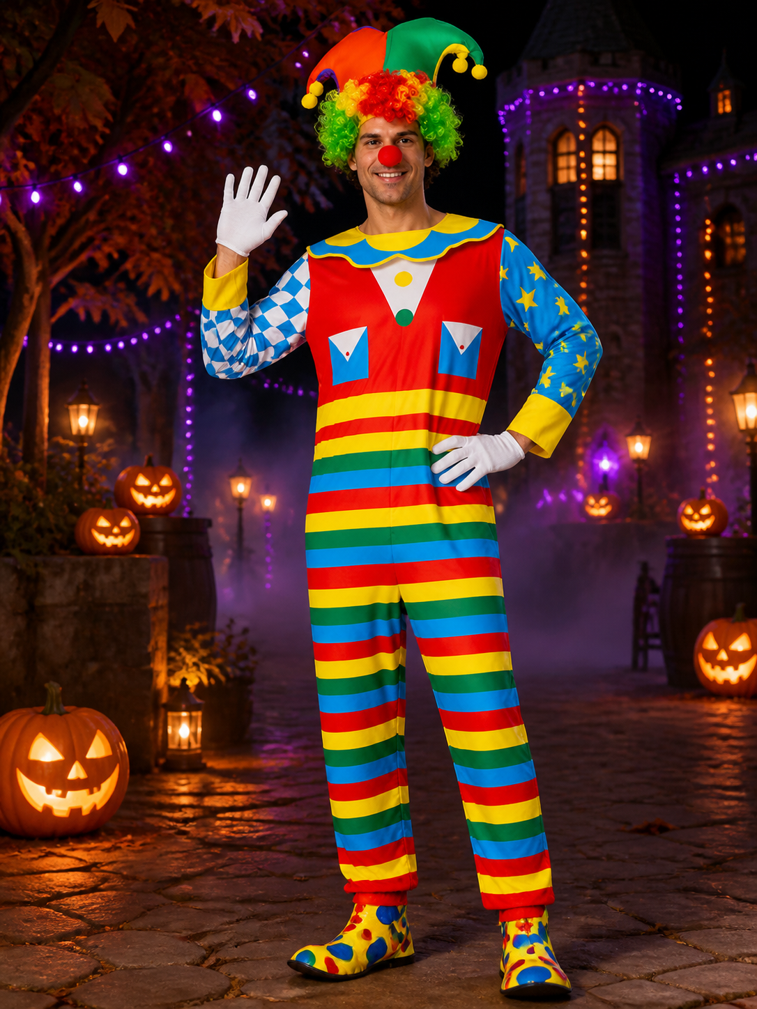 Unisex Halloween Joker Costume Jumpsuit with Hat, Multicolor Striped Clown Costume Headwear detail 2