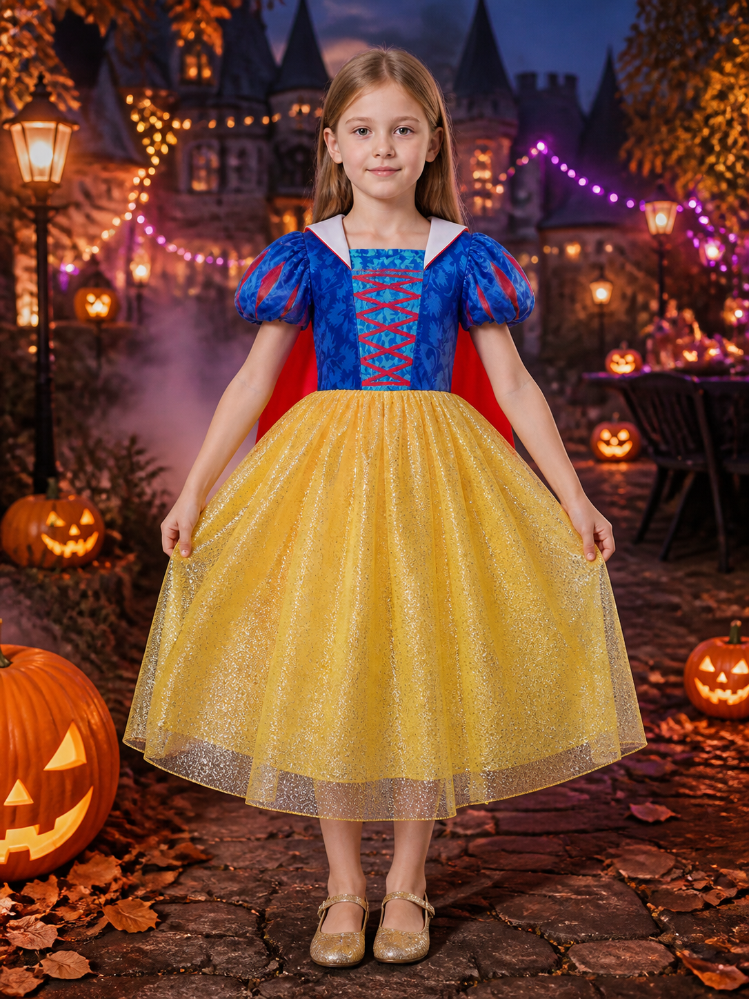 Kids Princess Costume Dress with Cape, Blue and Yellow Ball Gown Halloween Costume Dresses detail 2