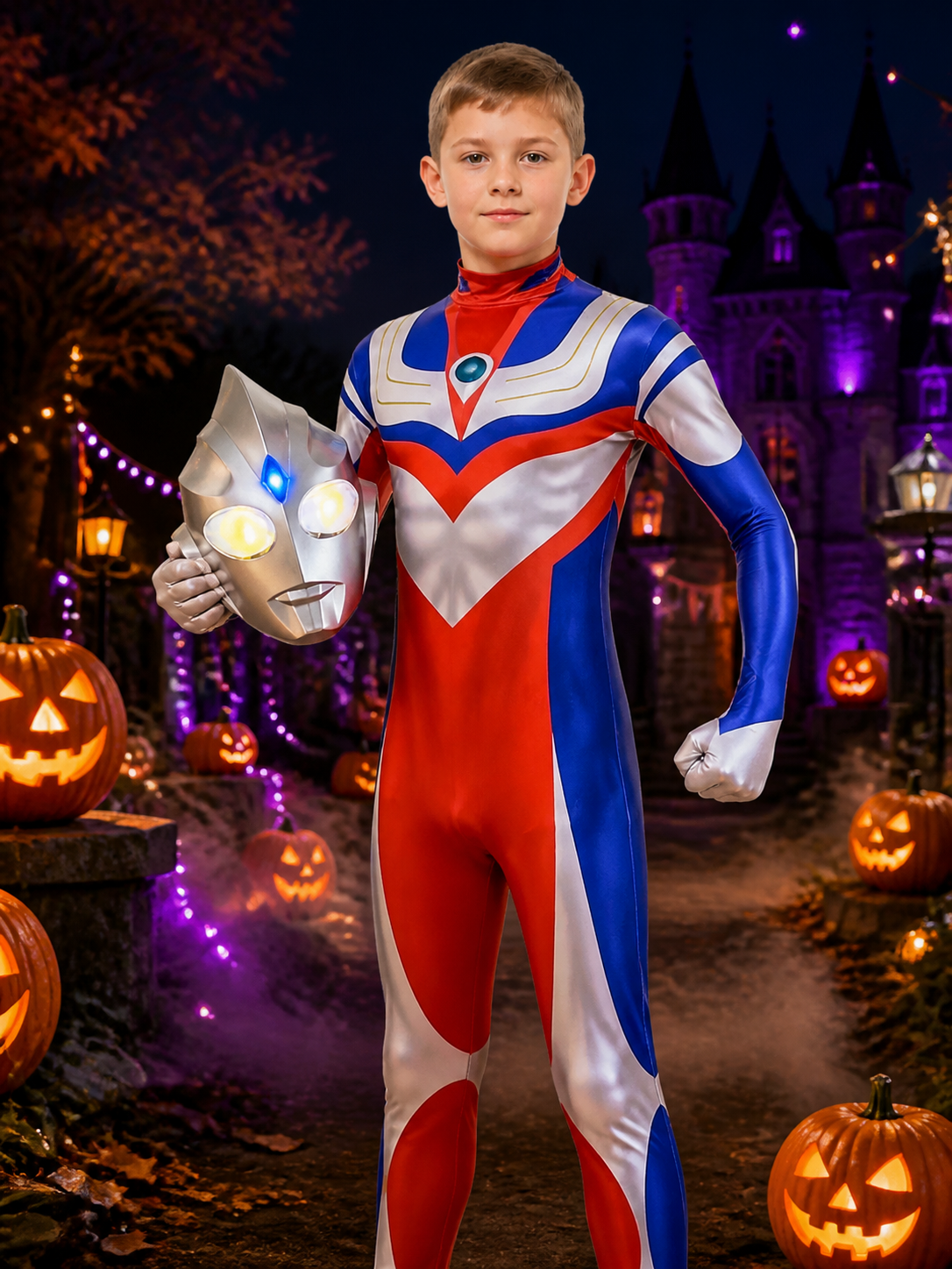Unisex Superhero Bodysuit Costume with Light-Up Mask, Red Blue White Silver Costume Masks detail 2