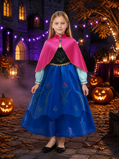 Girls Anna Princess Costume Dress, Long-Sleeve High-Neck Halloween Outfit Costume Dresses detail 2