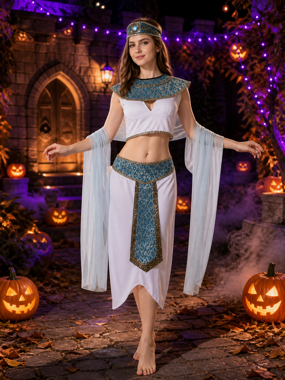 Egyptian Queen Costume Set, Two-Piece White, Blue And Silver Outfit With Costumes detail 2