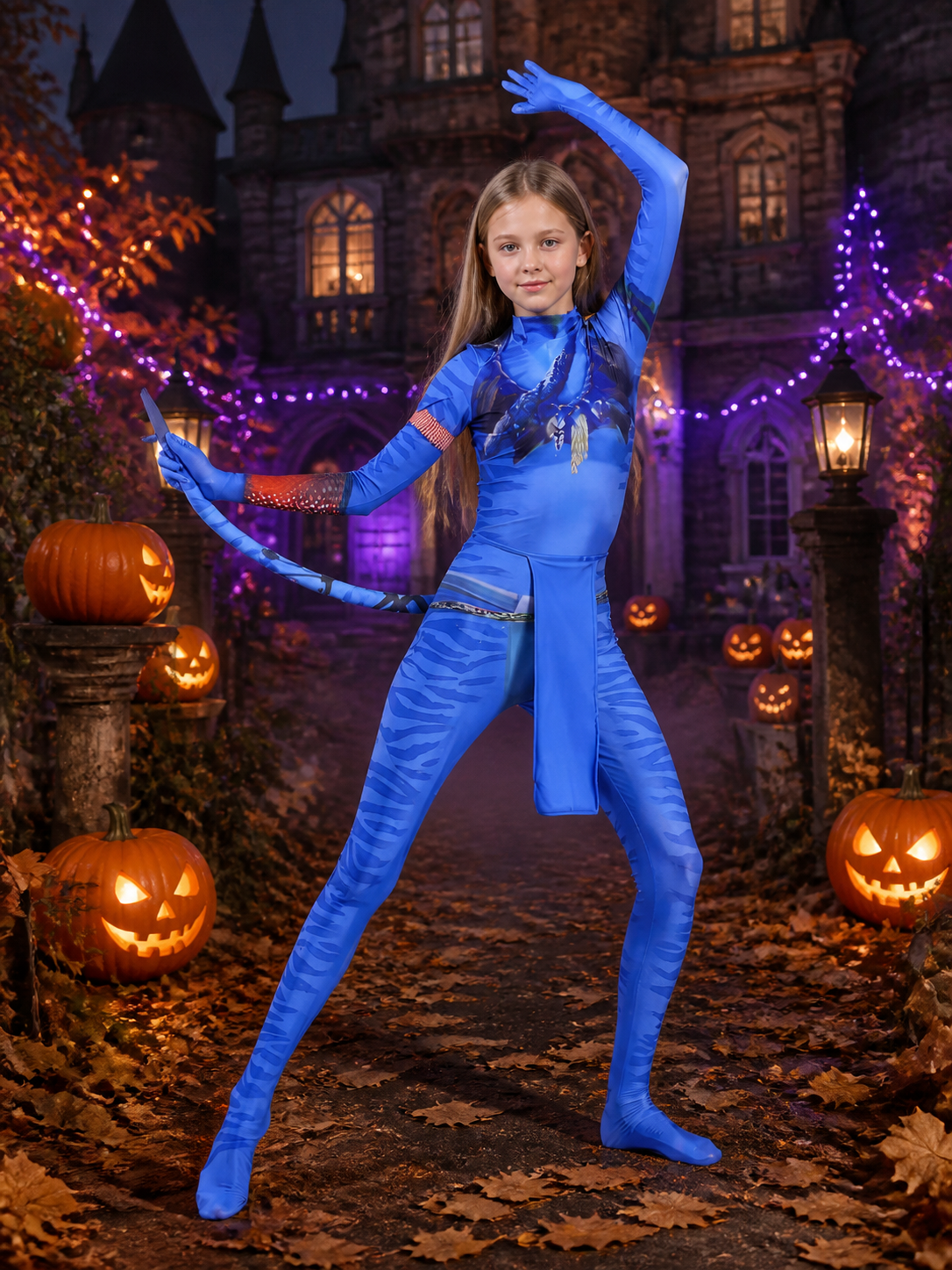 Kids Avatar Bodysuit Costume, Blue Stripe Mesh with Tail - Halloween Outfit Costumes detail 2