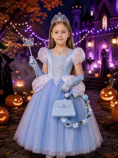Girls Cinderella Princess Dress Costume - Light Blue Tulle Gown with Crown Costume Dresses detail 2