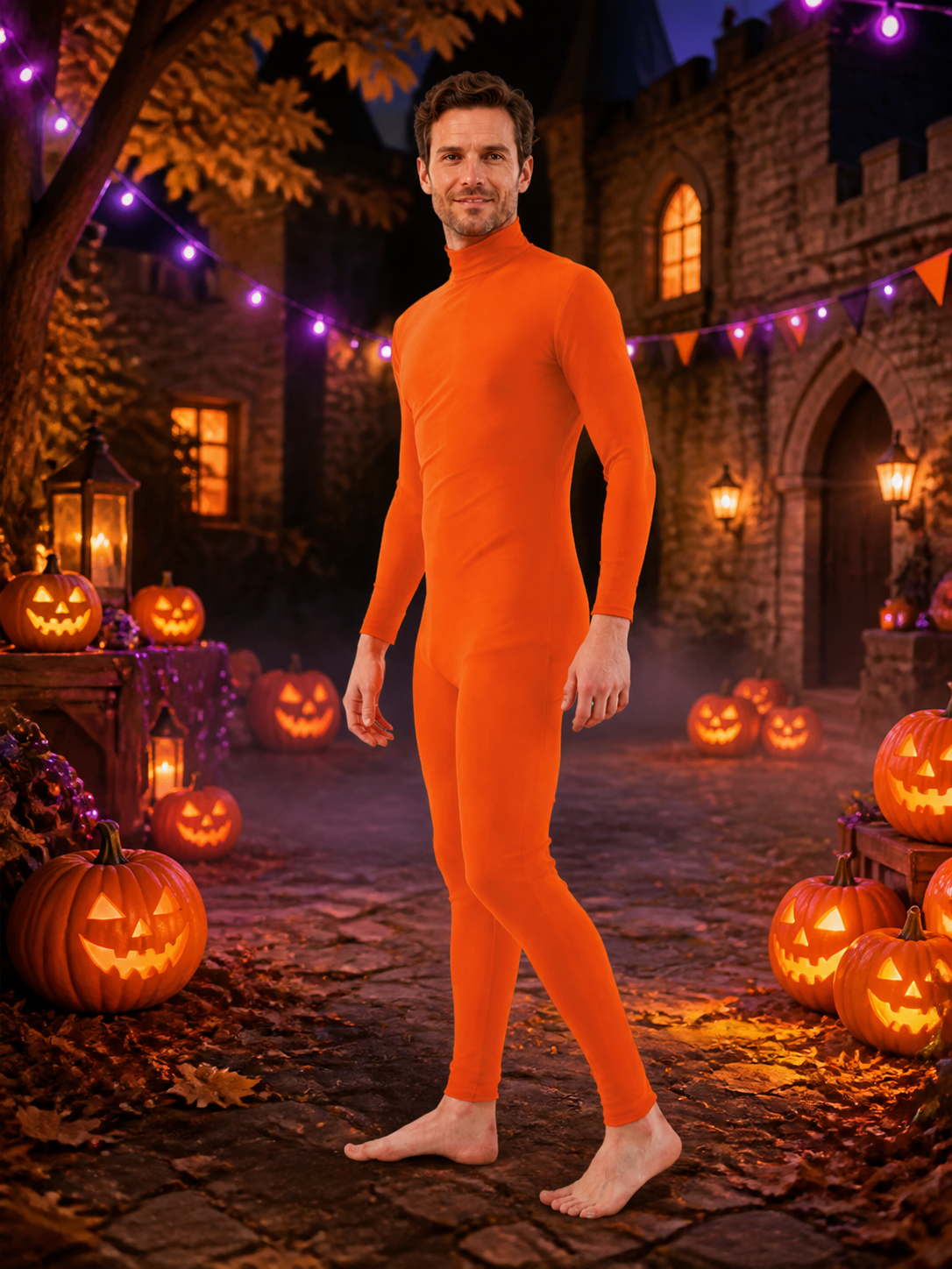 Unisex Spider Halloween Bodysuit Costume, Solid Orange Zentai with Face Opening Costumes detail 2