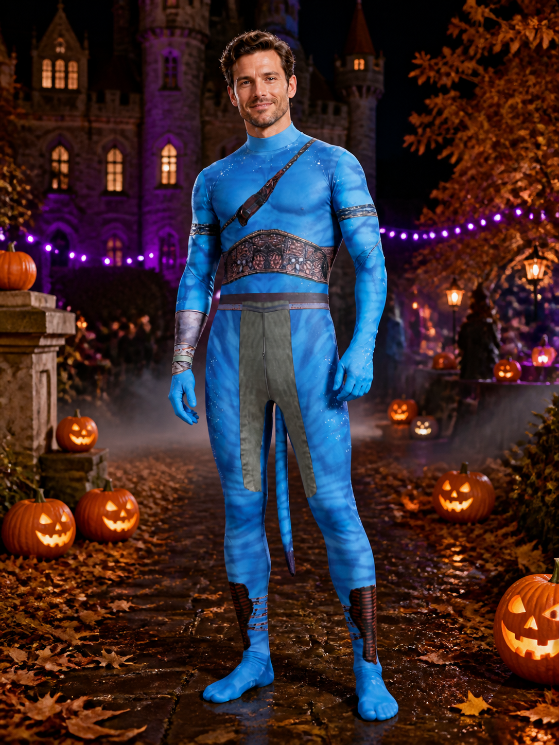 Unisex Blue Alien Bodysuit Costume with Tail, Halloween Party Outfit Costumes detail 2
