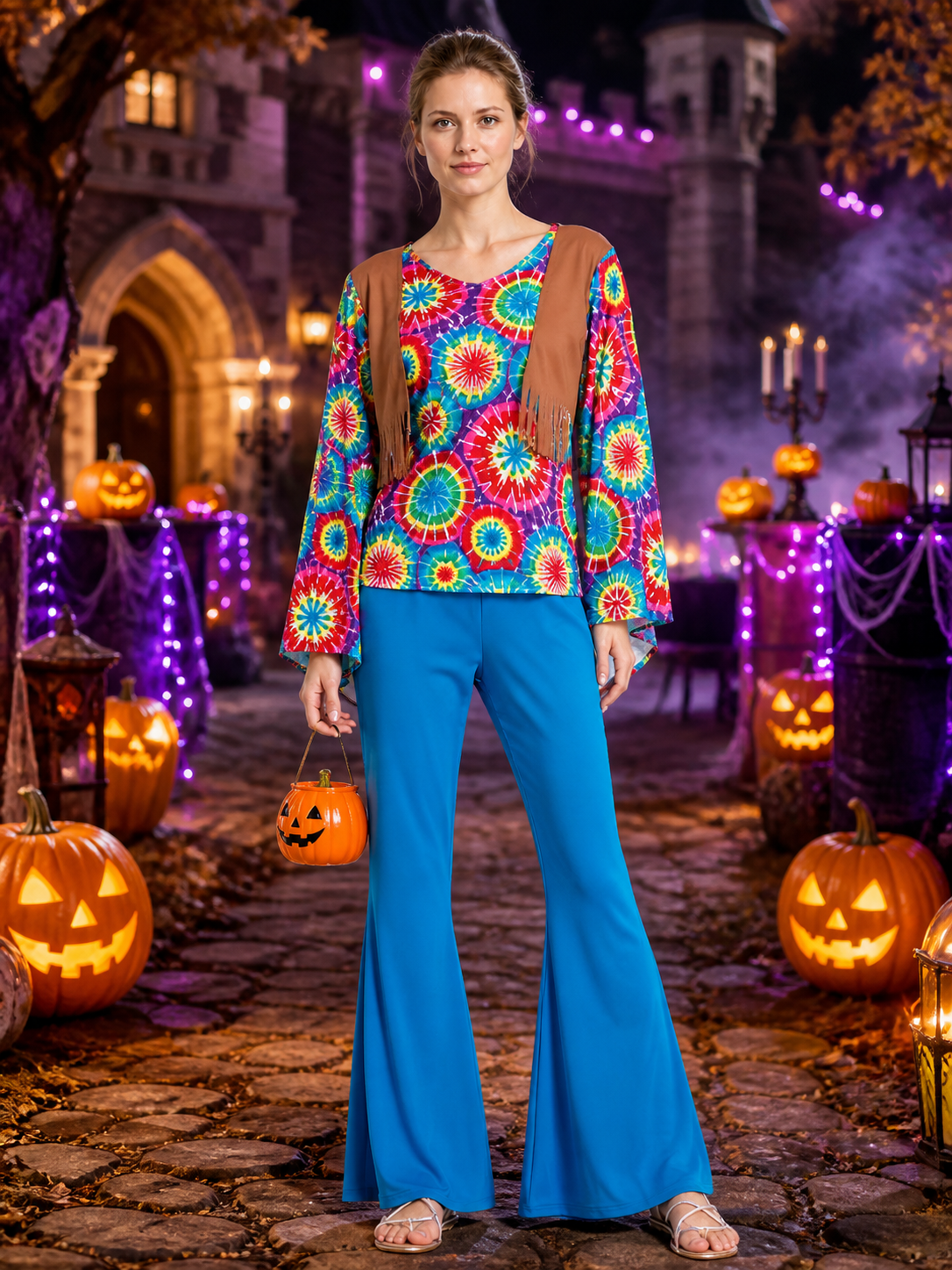 Retro Hippie Tie-Dye Fringe Two-Piece Costume Set With Bell-Bottom Pants Costumes detail 2