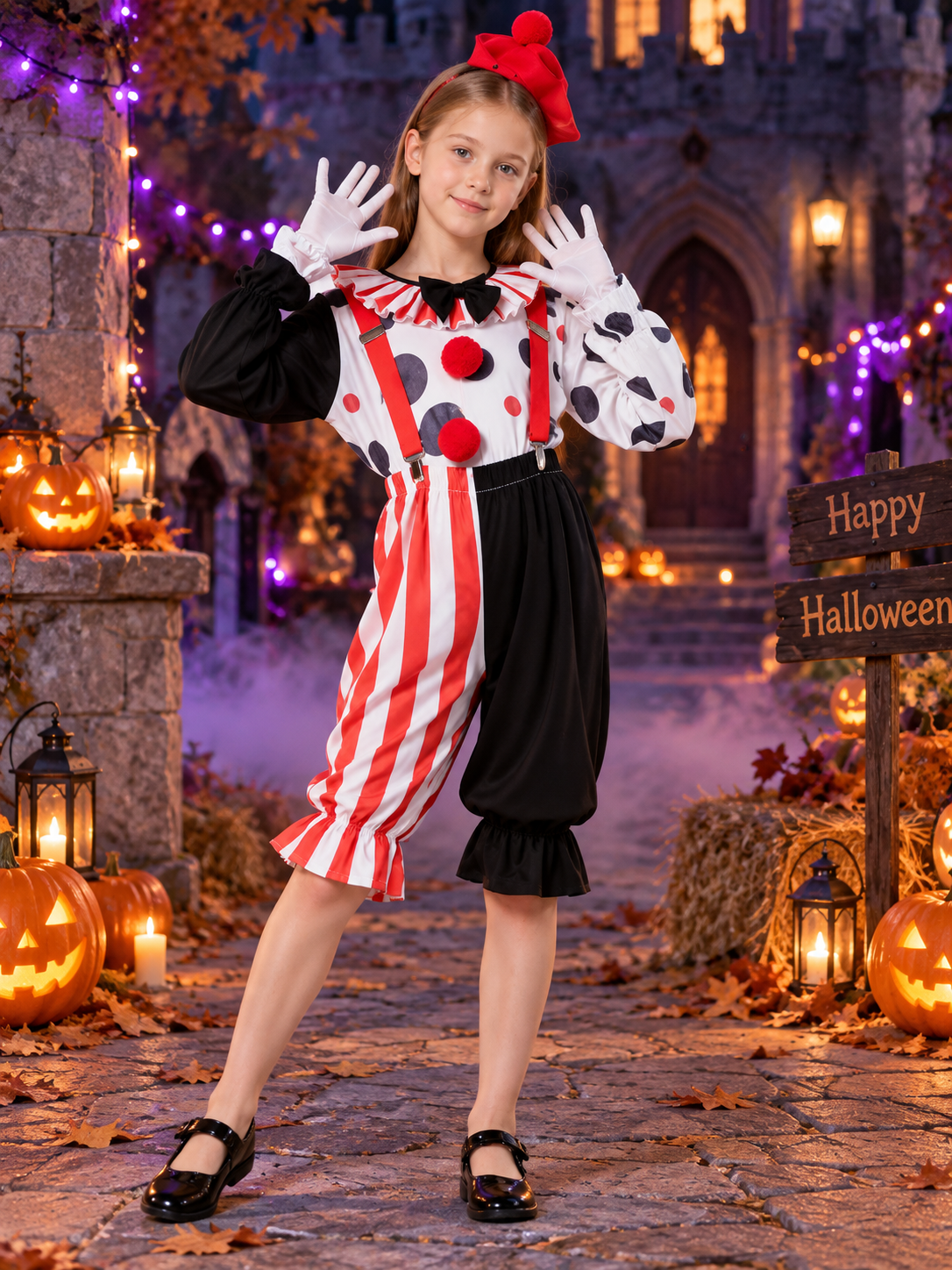 Kids' Clown Costume with Hat, Bow, and Suspenders