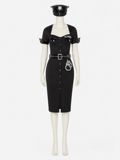 Women's Black Police Costume Set with Dress, Hat and Belt Costume Dresses detail 2