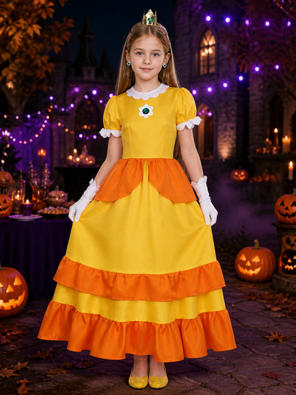 Kids Princess Halloween Costume Set - Yellow Orange Ruffle Dress With Crown Costume Dresses detail 2