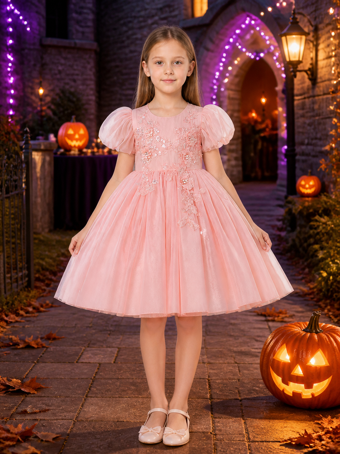Girls' Pink Princess Dress With Puff Sleeves, Floral Sequin Embroidery and Tulle Costume Dresses detail 2