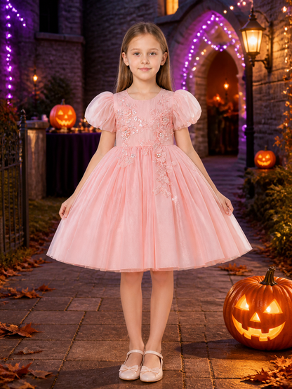 Girls' Pink Princess Dress With Puff Sleeves, Floral Sequin Embroidery and Tulle Costume Dresses detail 2