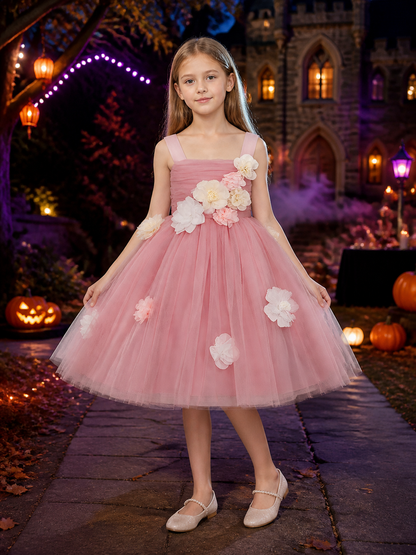 Girls' Pink Princess Party Dress, Layered Tulle Skirt With Floral Details Costume Dresses detail 2