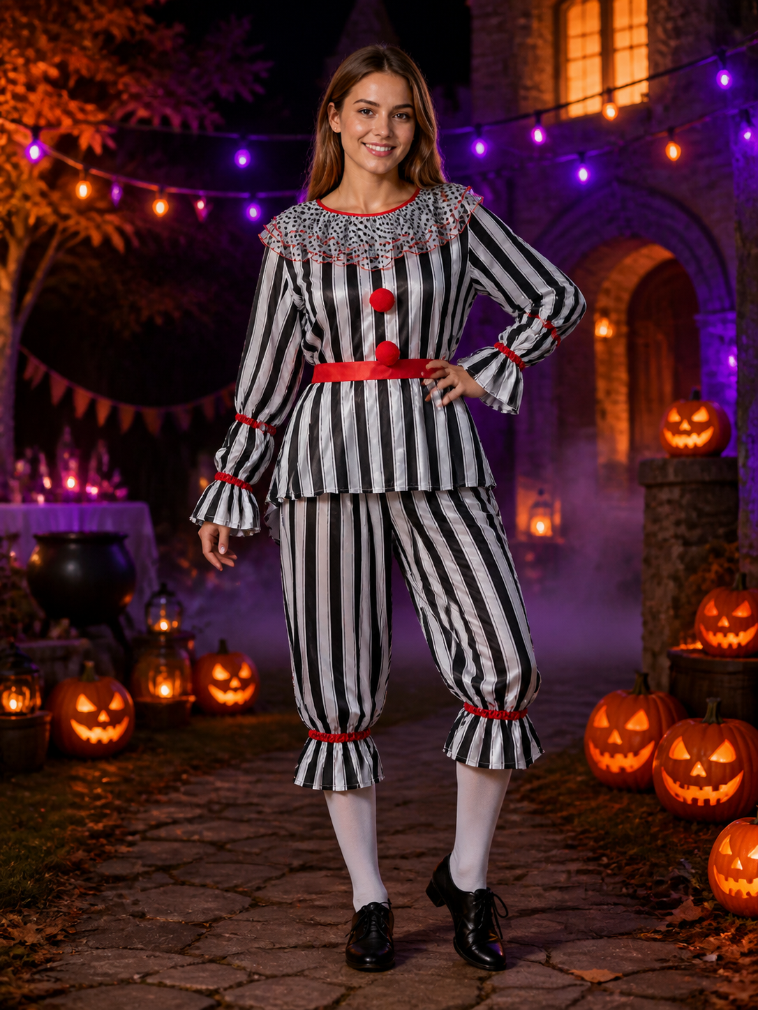 Adult Striped Clown Costume Set with Ruffle Collar and Red Trim, Two-Piece Costumes detail
