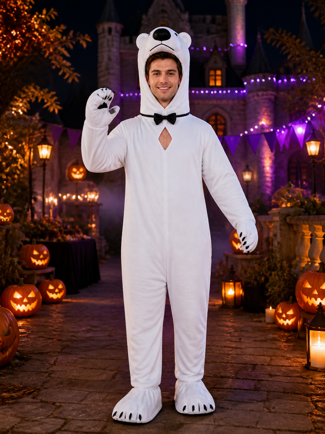 Adult Polar Bear Costume, White Animal Onesie with Black Bow Tie, Halloween Costume Accessories detail 2