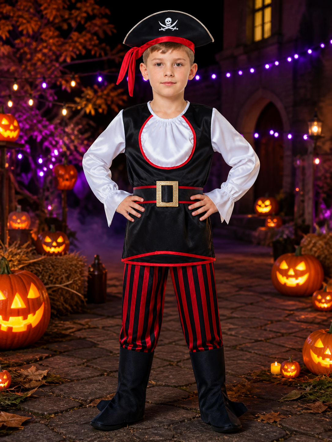 Boys Pirate Costume Set with Skull Hat and Belt - Halloween Cosplay Outfit Costume Headwear detail 2