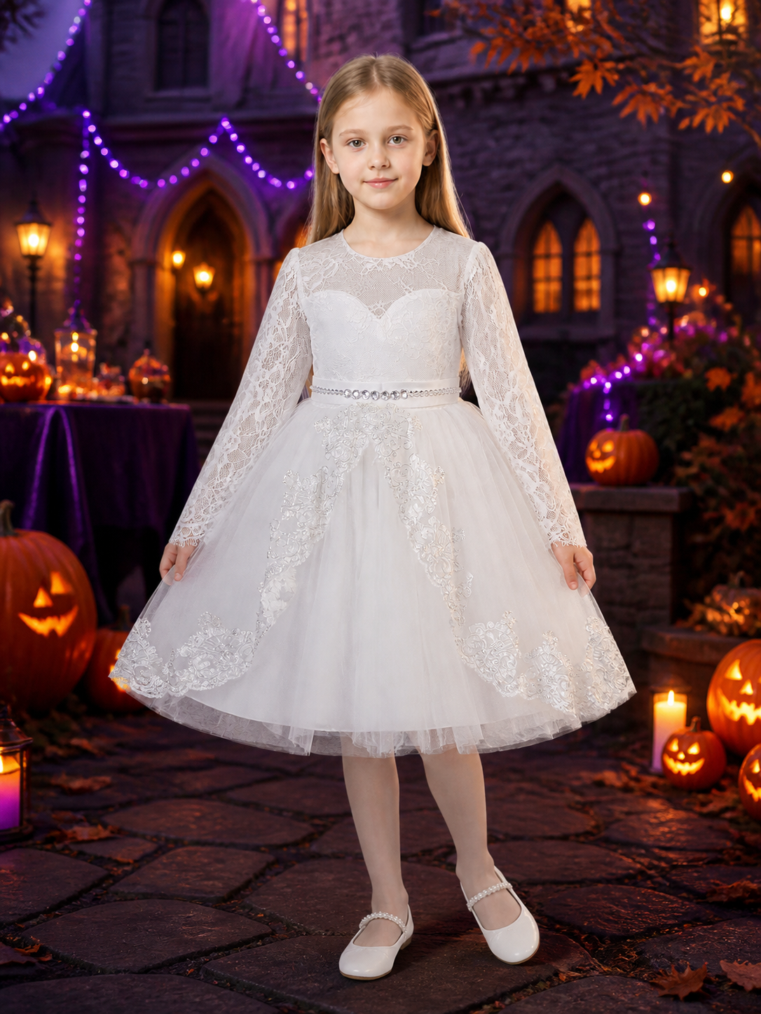 Girls' White Princess Dress, Long Sleeve Lace Tulle Party Formal Gown Costume Dresses detail 2