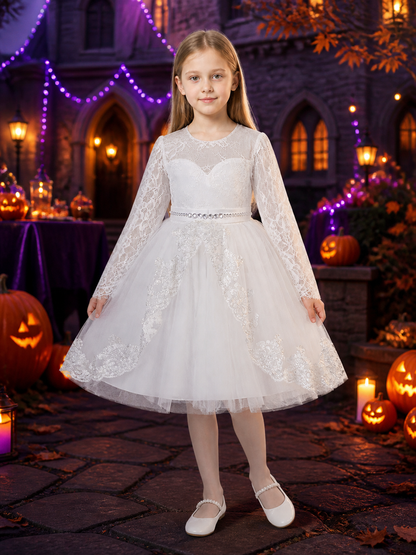 Girls' White Princess Dress, Long Sleeve Lace Tulle Party Formal Gown Costume Dresses detail 2
