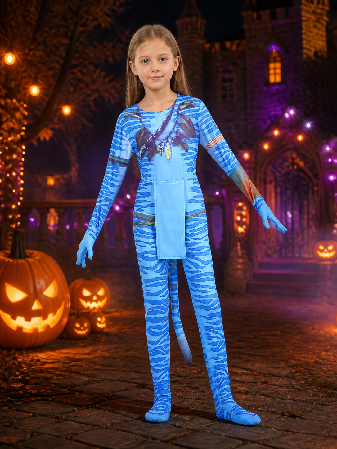Avatar Costume, Form-Fitting Jumpsuit with Blue Patterns for Cosplay Costumes detail 2