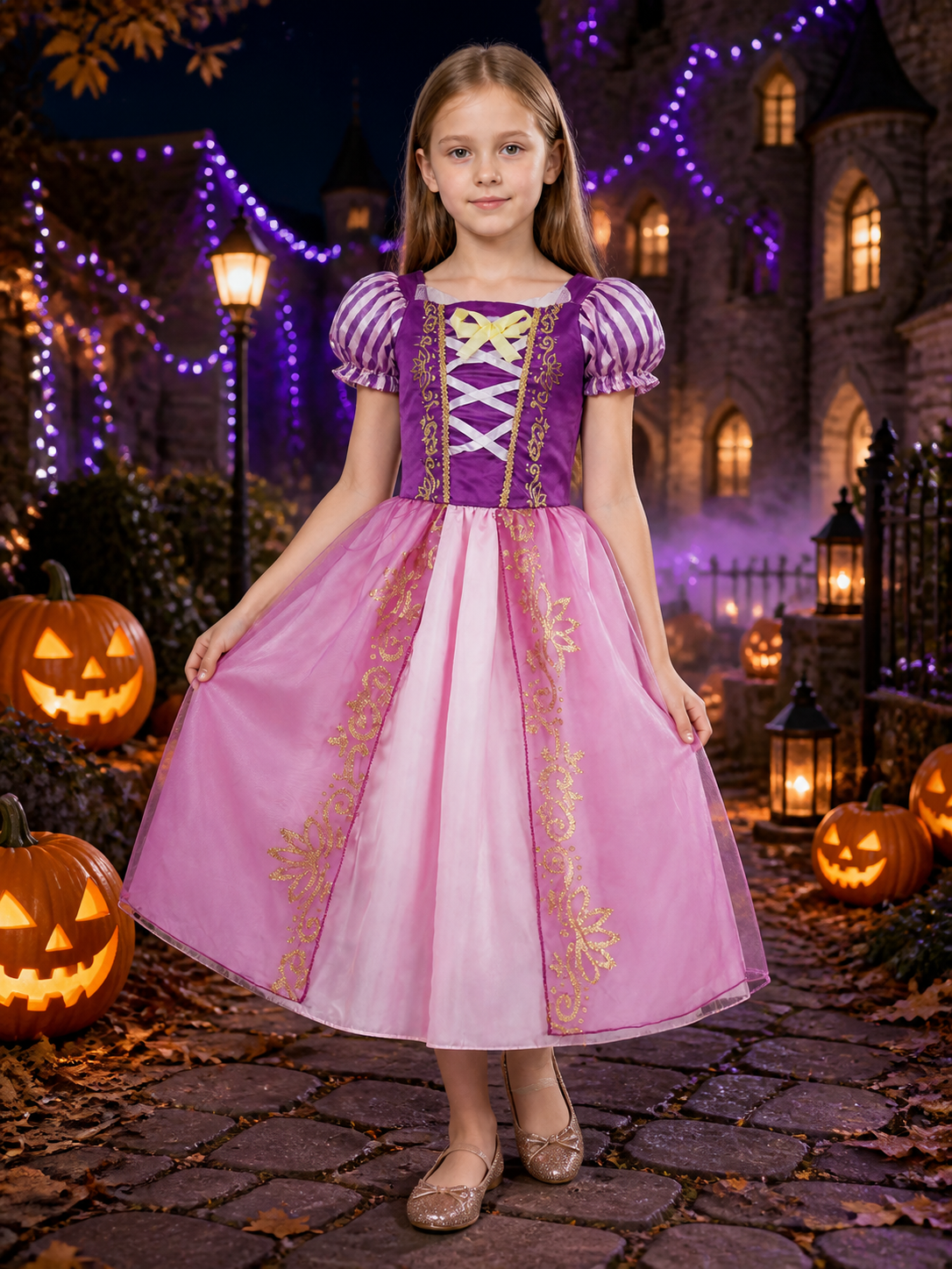 Kids Princess Costume Dress, Purple and Pink Puffed Sleeve Halloween Outfit Costume Dresses detail 2
