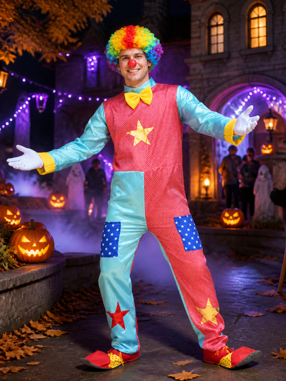 Adult Clown Costume Set, Red and Blue Star Print Bodysuit with Bow Tie for